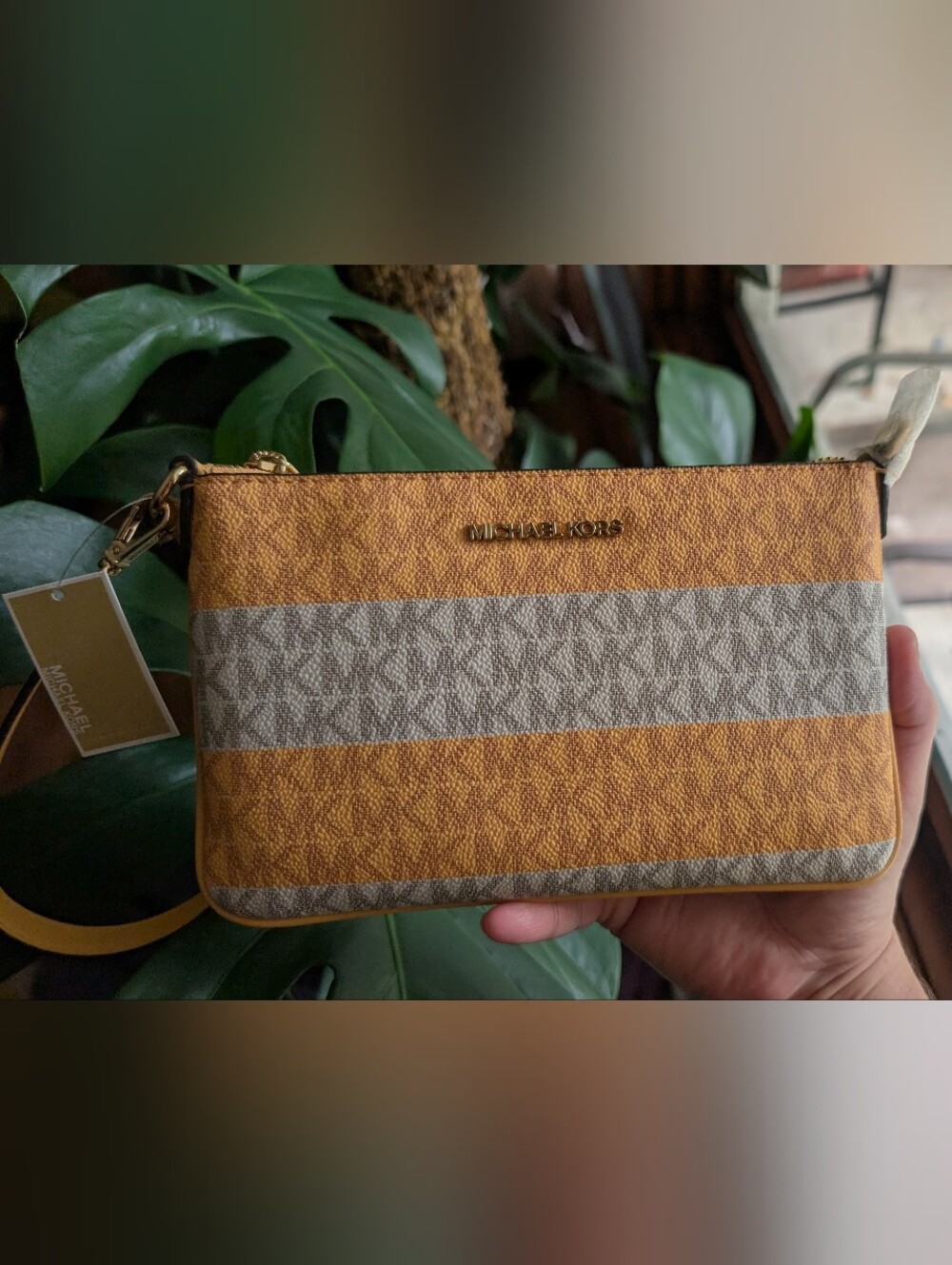 Michael Kors Gold and Gray Striped Logo Wristlet